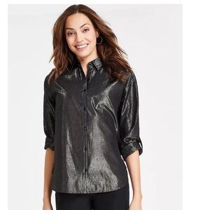 NWT Gloria Vanderbilt Women's Black Metallic-Threaded Amanda Button-Shirt- L